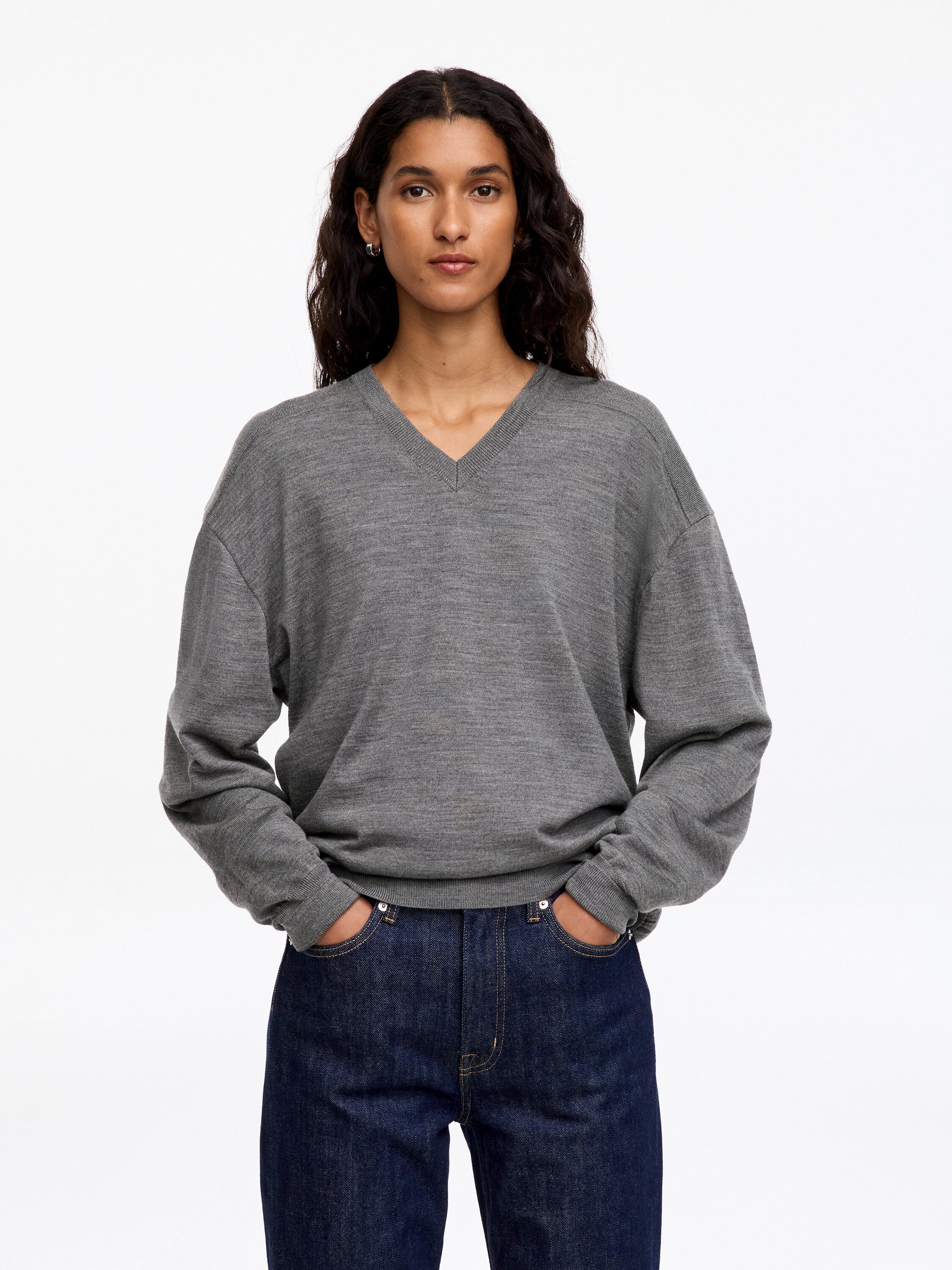 Merino Wool V-Neck Jumper - Grey