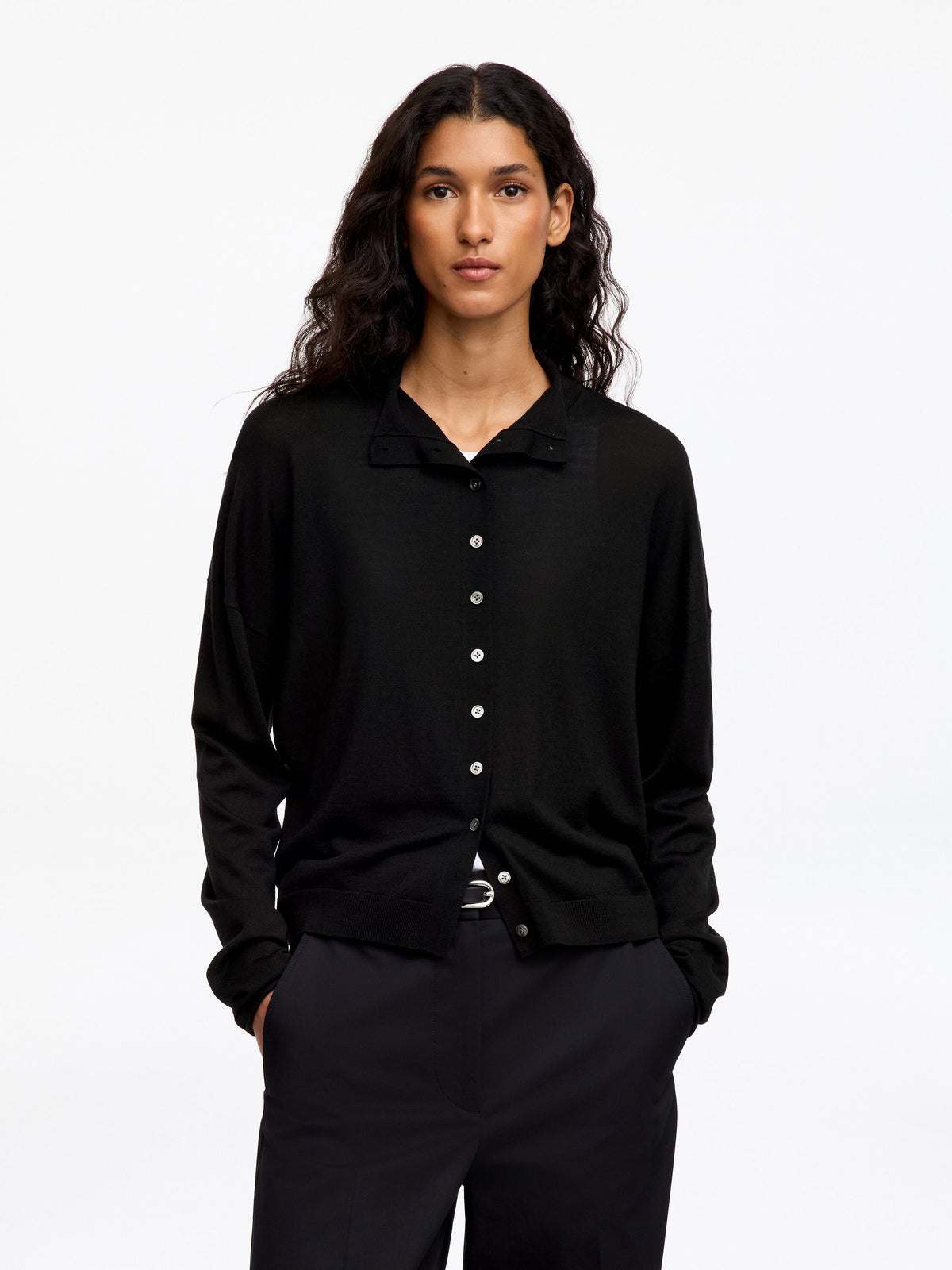 Wool-Blend Mock-Neck Cardigan - Black - Image 3