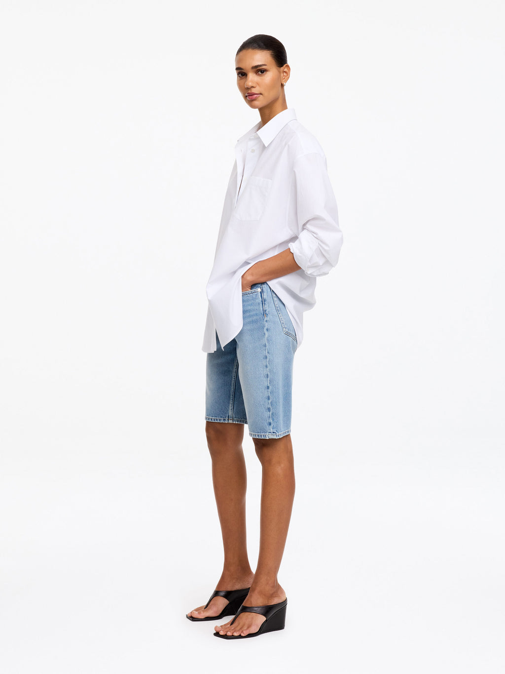 Narrow Denim Shorts - Blue - Image 2
