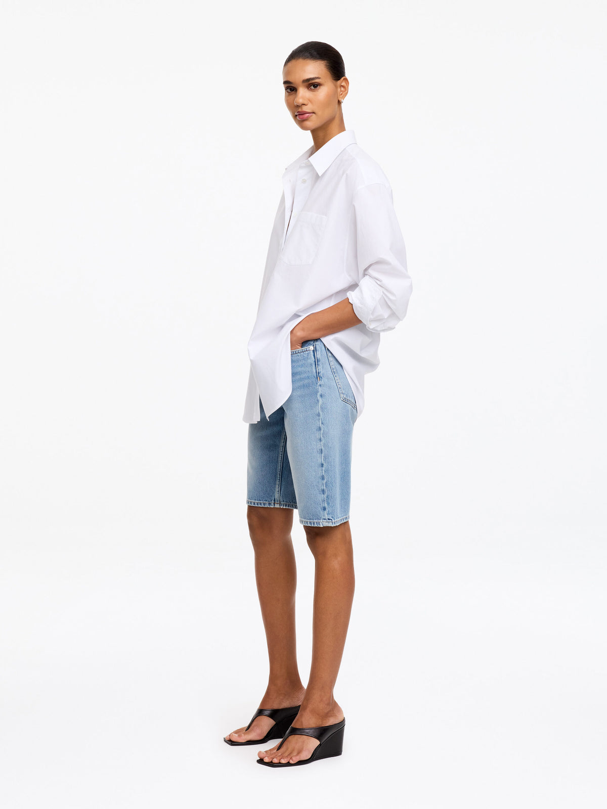 Narrow Denim Shorts - Blue - Image 2