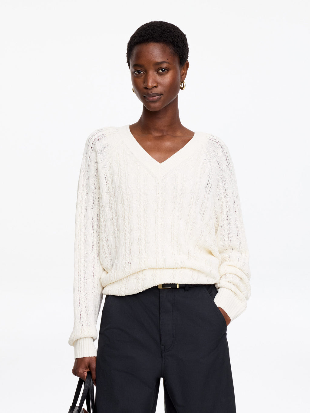 Cable-Knit V-Neck Jumper - White