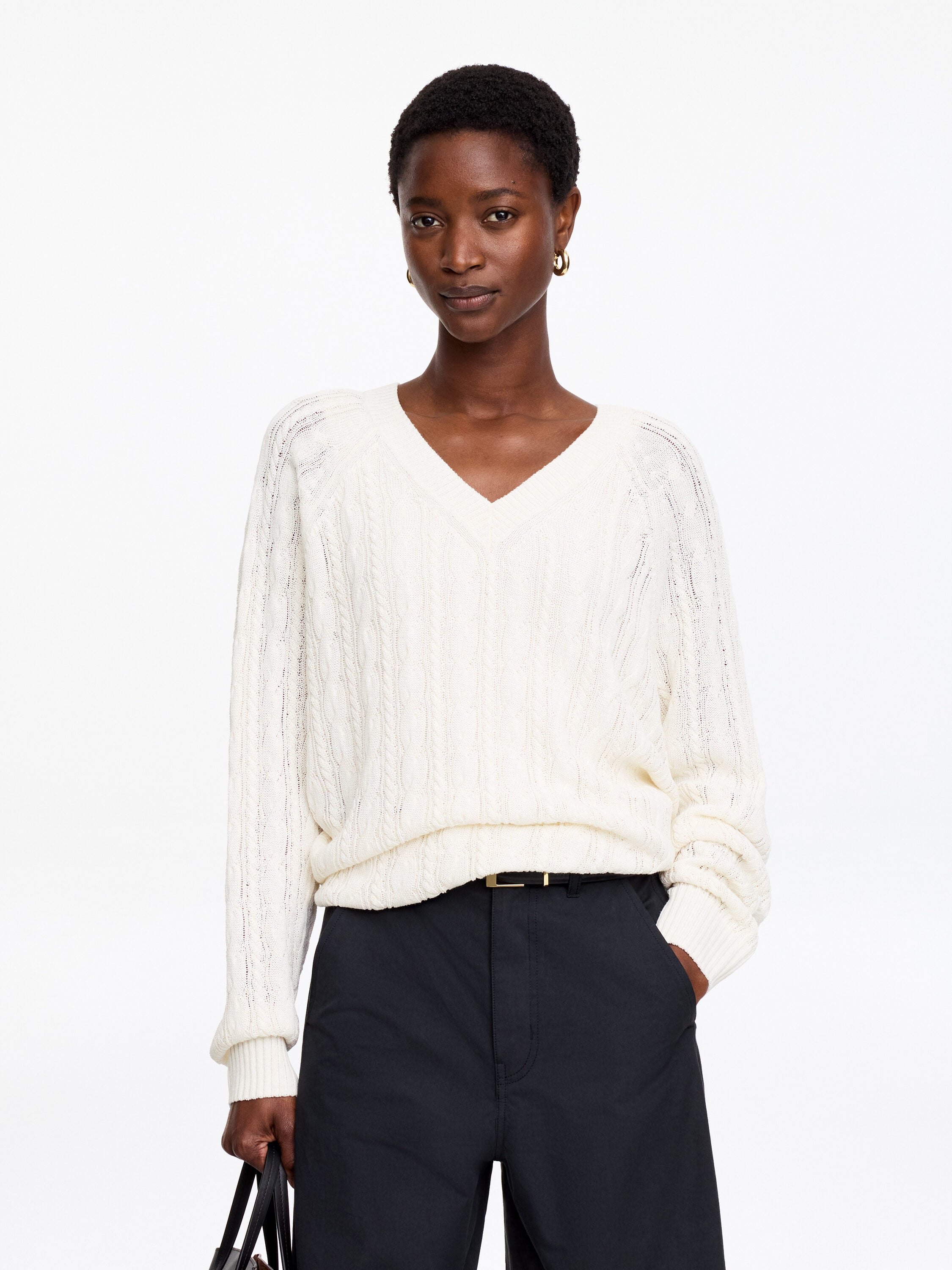 Cable-Knit V-Neck Jumper - White