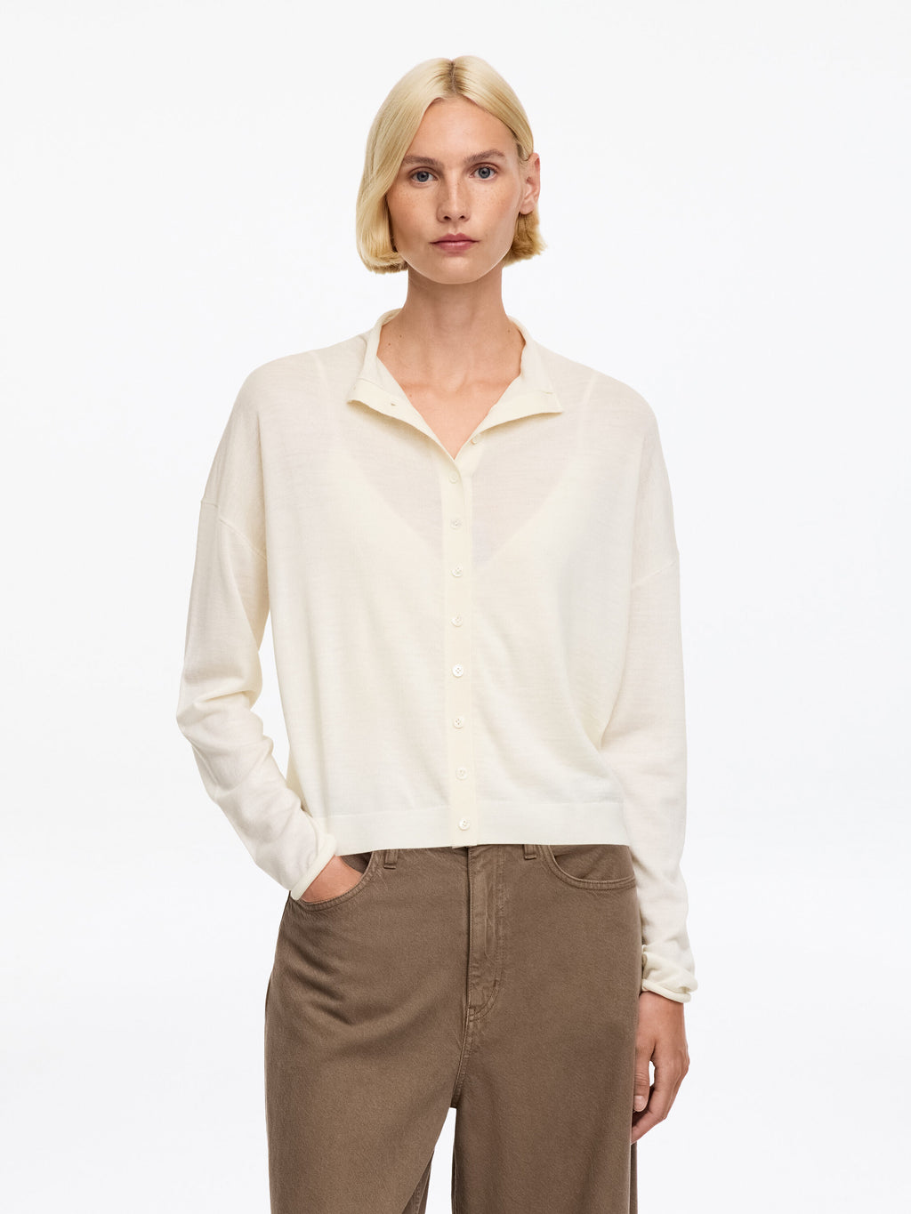 Wool-Blend Mock-Neck Cardigan - White - Image 4