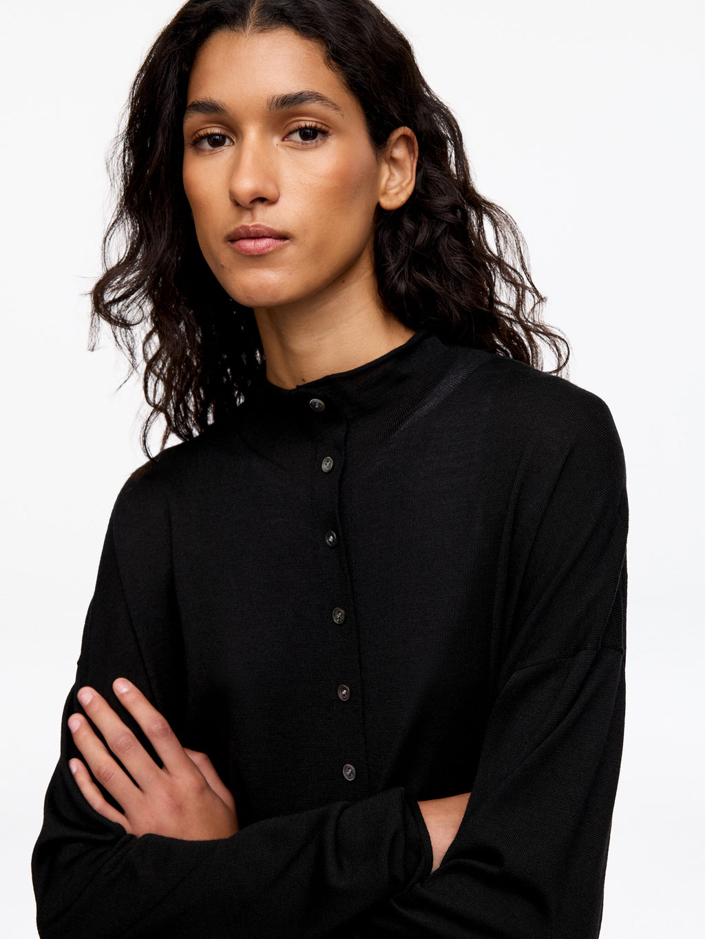 Wool-Blend Mock-Neck Cardigan - Black
