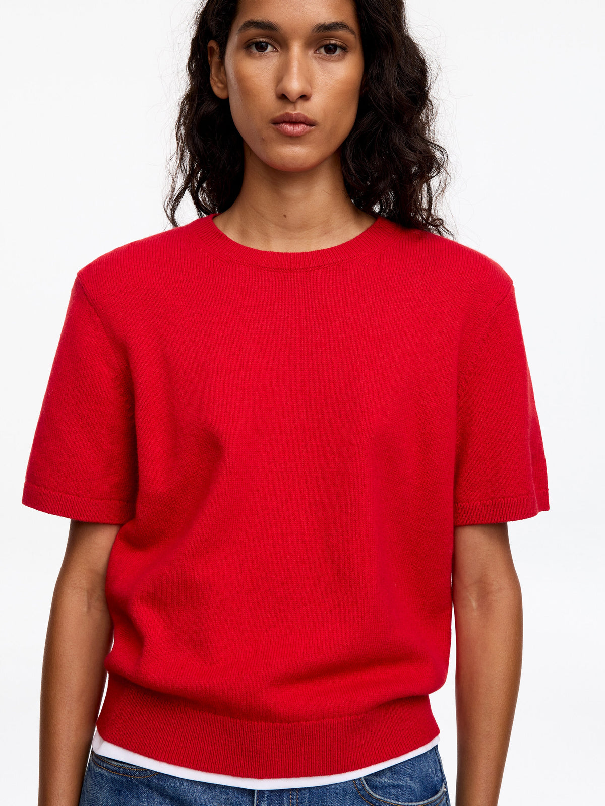 Short-Sleeve Wool-Cotton Jumper - Red - Image 4