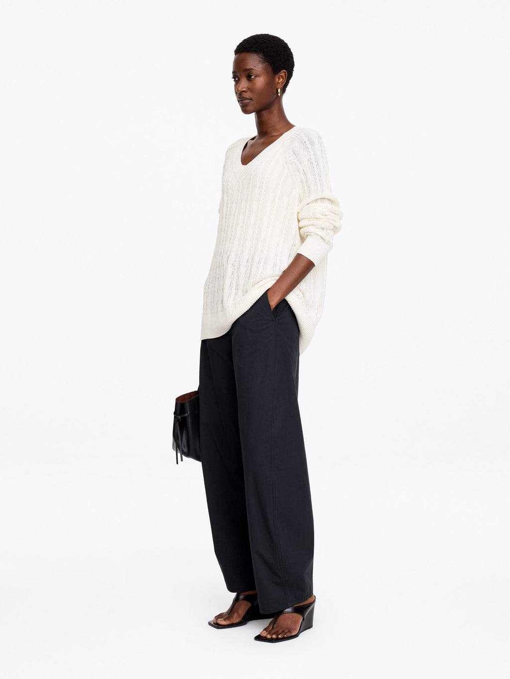 Cable-Knit V-Neck Jumper - White - Image 3
